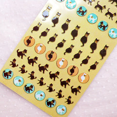 Black Cat Stickers / Gold Foil Animal Deco Stickers (1 Sheet) Scrapbooking Embellishment Home Decor Cell Phone Decoration Card Making S394