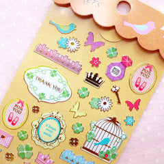 Spring Deco Stickers with Gold Foil (1 Sheet / Bird Ornate Frame Princess Four Leaf Clover Flower) Cute Diary Embellishment Card Making S396