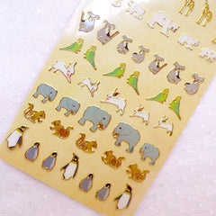 Zoo Deco Stickers / Gold Foil Animal Stickers (1 Sheet / Panda Hare Deer Pig Giraffe Polar Bear Koala Parrot Lamb Elephant Penguin) S398