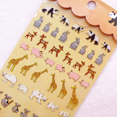 Zoo Deco Stickers / Gold Foil Animal Stickers (1 Sheet / Panda Hare Deer Pig Giraffe Polar Bear Koala Parrot Lamb Elephant Penguin) S398