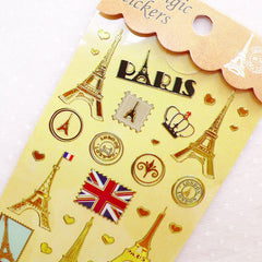 Paris Eiffel Tower Stickers / Gold Foil London Deco Sticker (1 Sheet) France England United Kingdom UK Flag Travel Passport Sticker S400