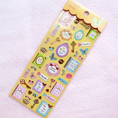 Gold Foil Deco Stickers in French Style (1 Sheet / Key Book Butterfly Ribbon Ornate Frame) Card Decoration Lolita Diary Scrapbooking S389