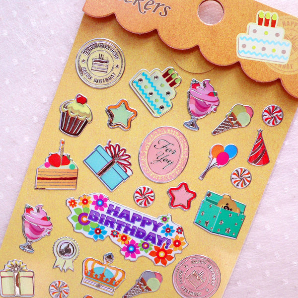 Birthday Stickers / Silver Foil Party Deco Stickers (1 Sheet / Cupcake Sweets Ice Cream Candy ) Happy Birthday Card Making Erin Condren S393