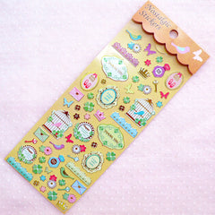 Spring Deco Stickers with Gold Foil (1 Sheet / Bird Ornate Frame Princess Four Leaf Clover Flower) Cute Diary Embellishment Card Making S396