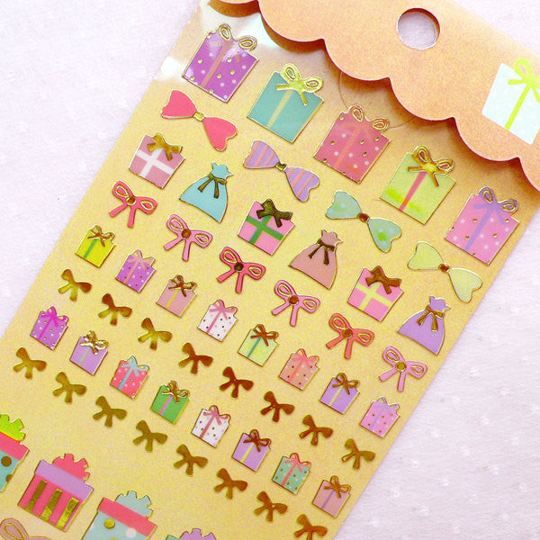 Present Stickers / Gift Box Sticker / Gold Foil Deco Stickers (1 Sheet) Birthday Party Supplies Card Embellishment Scrapbook Gift Wrap S397