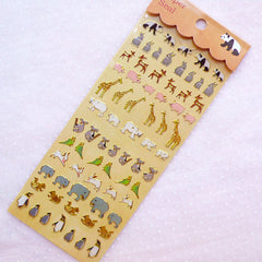 Zoo Deco Stickers / Gold Foil Animal Stickers (1 Sheet / Panda Hare Deer Pig Giraffe Polar Bear Koala Parrot Lamb Elephant Penguin) S398
