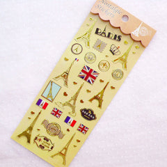 Paris Eiffel Tower Stickers / Gold Foil London Deco Sticker (1 Sheet) France England United Kingdom UK Flag Travel Passport Sticker S400