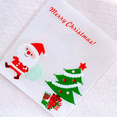 Merry Christmas Cello Bags / Cute Santa Claus & Christmas Tree Plastic Bags / Self Adhesive Gift Bags (10cm x 11cm / 20pcs / White) GB159
