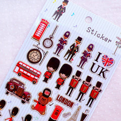 I Love UK Stickers with Gold Foil (1 Sheet / Queen's Guard, Telephone Booth, London Bus, Carriage, Post Box Stand, Antique Car, etc) S421