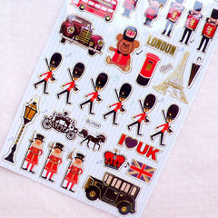 I Love UK Stickers with Gold Foil (1 Sheet / Queen's Guard, Telephone Booth, London Bus, Carriage, Post Box Stand, Antique Car, etc) S421
