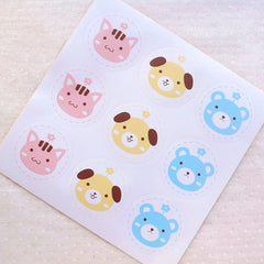 CLEARANCE Kawaii Animal Seal Stickers / Kitty Cat Sticker / Dog Puppy Sticker / Bear Sticker (9pcs / 41mm) Favor Gift Product Packaging Supplies S428