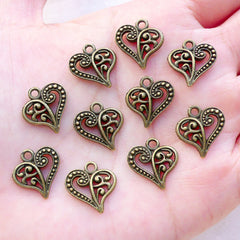 Small Filigree Heart Charm (10pcs / 14mm x 14mm / Antique Bronze / 2 Sided) Wedding Valentines Day Love Add On Charm Favor Charm CHM2385
