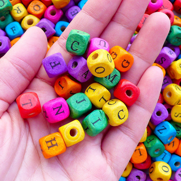 Wood Alphabet Letter Beads / Big Wooden Cube Initial Bead / Square Bead  (You Pick Letter or We Pick By Random / 10mm / Colorful Mix) CHM2393