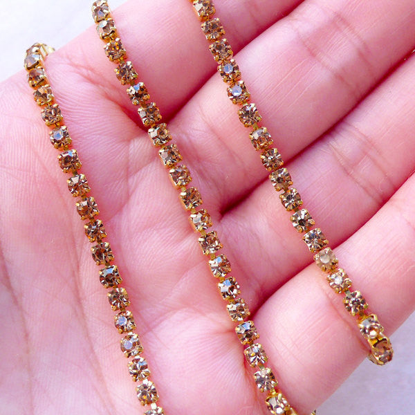 SS12 Rhinestones Chain (Gold Plated w/ Brown Rhinestones) (20cm Long) Bling Bling Decor Cell Phone Decoden Wedding Supplies Scrapbook A059