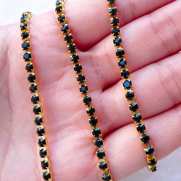 SS12 Rhinestones Chain (Gold Plated w/ Black Rhinestones) (20cm Long) Phone Decoration Jewellery Making Sewing Supplies Scrapbooking A060