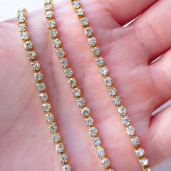 Clear Rhinestones Chain in 3mm (Gold Plated w/ Clear Rhinestones) (20cm Long) Phone Embellishment Bling Jewelry Making Wedding Supplies A061