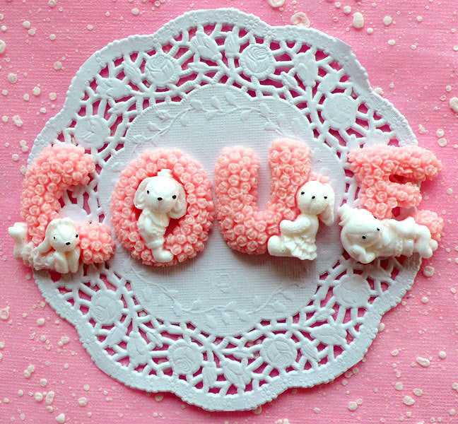 LOVE Cabochons with Kawaii Animal Bunny Rabbit (4pcs / Pink) Decoden Letter Alphabet Cabochon Valentines Day Decor Wedding Supplies CAB078
