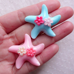 CLEARANCE Starfish Cabochon Sea Star with Flowers (2pcs / 33mm x 32mm / Baby Blue & Pink) Baby Hair Bow Centers Decoden Pieces Beach Jewelry CAB562