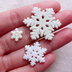 Glitter Snowflake Cabochons White Snow Flake Cabochon (3pcs / 10mm, 20mm & 31mm / Assorted Mix / Flatback) Christmas Scrapbooking CAB561