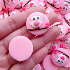 Pink Owl Cameo Cabochon / Kawaii Animal Cameo (2pcs / 25mm / Flat Back) Cute Decoden Pieces Hair Bow Centers Bird Embellishment CAB569