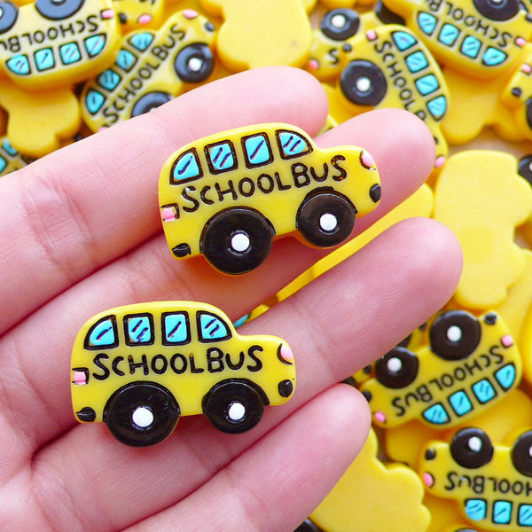 CLEARANCE Resin Cabochon / Yellow School Bus Cabochons (2pcs / 28mm x 18mm) Back to School Scrapbook Preschooler Jewelry Planner Clip Making CAB567