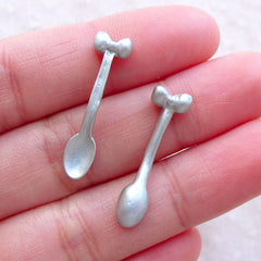 Kawaii Cabochon / Miniature Spoon Cabochons with Bow / Dollhouse Silverware (2pcs / 7mm x 26mm / Silver) Tiny Mini Cutlery Utensils FCAB463
