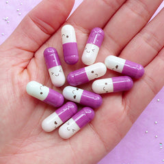 Pill Capsule Cabochons / Kawaii Pills with Blank Message Paper (10pcs / 21mm / Purple) Happy Note Love Letter Wishing Jar Jewelry CAB589