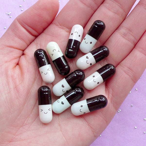 Secret Pill Cabochons / Happy Pills with Blank Letter Paper (10pcs / 21mm / Black) Gothic Lolita Kawaii Goth Mystery Hidden Message CAB590