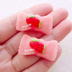 Fake Candy Cabochons / Kawaii Strawberry Hard Candy (2pcs / 31mm x 17mm / Pink / Flat Back) Sweets Deco Decoden Supplies FCAB474