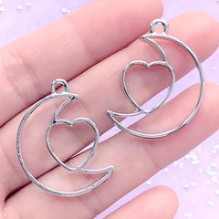Moon and Heart Open Bezel Charm | Kawaii Deco Frame for UV Resin Filling | Resin Jewellery Making (2 pcs / Silver / 22mm x 29mm)