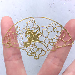 Lotus Hand Fan Metal Bookmark Charm | Flower Deco Frame for UV Resin Filling | Oriental Open Bezel (1 piece / 69mm x 41mm)