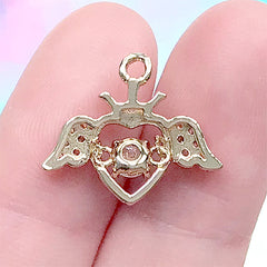 Angel Wing Heart Rhinestone Pendant | Bling Bling Winged Heart Charm | Mahou Kei Jewellery Making (1 piece / Gold / 19mm x 16mm)