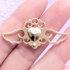 Mahou Kei Open Bezel with Heart Rhinestone | Winged Heart Charm | Angel Wing Pendant | Kawaii Jewelry (1 piece / Blue & Gold / 41mm x 19mm)