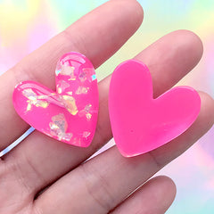 Heart Resin Cabochon with Glitter Flakes | Glittery Decoden Embellishment | Kawaii Crafts (3 pcs / Dark Pink / 27mm x 27mm)
