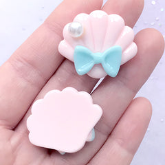 Scalloped Seashell Cabochons | Sea Shell with Bow | Decoden Phone Case DIY | Kawaii Jewellery Supplies (3 pcs / Baby Pink / 30mm x 25mm)