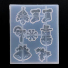 Christmas Embellishment Mold Assortment (8 Cavity) | Christmas Tree Stocking Candy Cane Snowflake Snowman Jingle Bell Poinsettias Silicone Mold for Resin Art