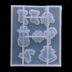 Christmas Embellishment Mold Assortment (8 Cavity) | Christmas Tree Stocking Candy Cane Snowflake Snowman Jingle Bell Poinsettias Silicone Mold for Resin Art