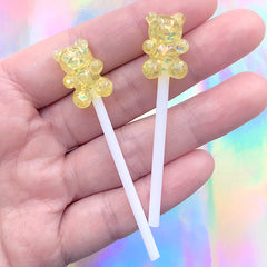 Bear Lollipop Cabochon | Fake Bear Pop | Sweet Deco | Kawaii Candy Jewelry DIY | Decoden Supplies (2 pcs / Yellow / 13mm x 60mm)