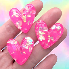 Heart Resin Cabochon with Glitter Flakes | Glittery Decoden Embellishment | Kawaii Crafts (3 pcs / Dark Pink / 27mm x 27mm)