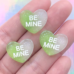 Be Mine Sweetheart Cabochon | Glittery Conversation Heart Decoden Piece | Fake Candy Embellishments (3 pcs / Green White / 19mm x 16mm)