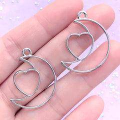 Moon and Heart Open Bezel Charm | Kawaii Deco Frame for UV Resin Filling | Resin Jewellery Making (2 pcs / Silver / 22mm x 29mm)