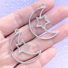 Crescent Moon and Star Open Bezel Pendant | Kawaii Deco Frame for UV Resin Filling | Mahou Kei Jewelry DIY (2 pcs / Silver / 25mm x 36mm)
