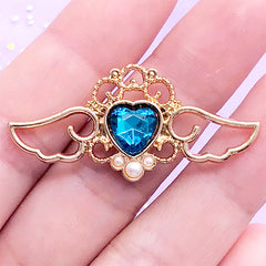 Mahou Kei Open Bezel with Heart Rhinestone | Winged Heart Charm | Angel Wing Pendant | Kawaii Jewelry (1 piece / Blue & Gold / 41mm x 19mm)