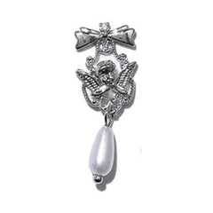 Baroque Cherub Nail Charm with Rhinestone and Dangling Pearls | Antique Angel Metal Embellishment for Nail Art (1 piece / Silver / 10mm x 28mm)