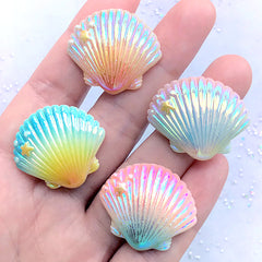 CLEARANCE Rainbow Aura Shell Resin Cabochon | Iridescent Seashell Embellishments | Kawaii Mermaid Decoden Supplies (4 pcs / Mix / 28mm x 24mm)