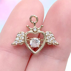 Angel Wing Heart Rhinestone Pendant | Bling Bling Winged Heart Charm | Mahou Kei Jewellery Making (1 piece / Gold / 19mm x 16mm)