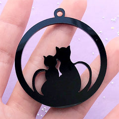 Kawaii Acrylic Open Bezel for UV Resin | Cat Couple Charm | Round Kitty Deco Frame (1 piece / Black / 48mm x 52mm / 2 Sided)