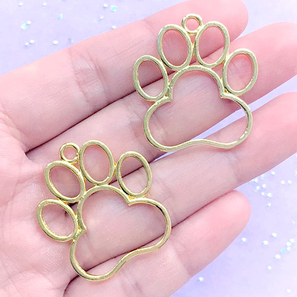 Cat Paw Open Bezel | Dog Paw Charm | Kawaii Animal Deco Frame for UV Resin Filling | Resin Jewellery Supplies (2 pcs / Gold / 29mm x 32mm)