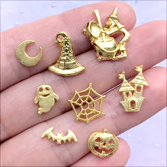 Halloween Floating Charm Assortment | Assorted Resin Inclusions | Spooky Embellishments | Kawaii Goth Jewelry Supplies (8 pcs / Gold)
