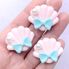 Scalloped Seashell Cabochons | Sea Shell with Bow | Decoden Phone Case DIY | Kawaii Jewellery Supplies (3 pcs / Baby Pink / 30mm x 25mm)